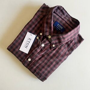 Eton Lightweight Flannel Shirt Maroon Black Checkered Size XL NWT